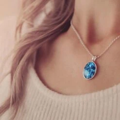 Memorial Ashes Oval Pendant Necklace -Pure Gem Jewels ashes cremation necklace blue