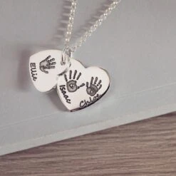 Handprint Or Footprint Descending Heart Necklace, Three Prints And Three Names