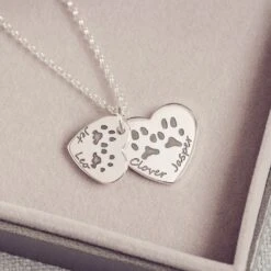 Pawprint Descending Heart Necklace, Four Prints And Four Names