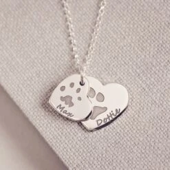 Pawprint Descending Heart Necklace, Two Prints And Two Names