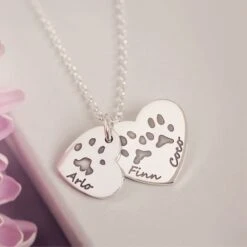 Pawprint Descending Heart Necklace, Three Prints And Three Names