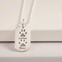Pawprint Dog Tag Necklace, Two Prints And Two Names